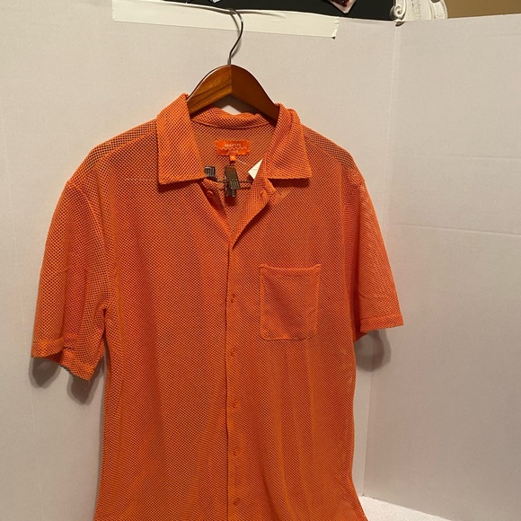 Hugo Boss Bright Orange Mesh Button-Down Shirt - Picture 1 of 5
